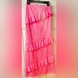 SHEIN Pink Lace Ruffle Midi Skirt